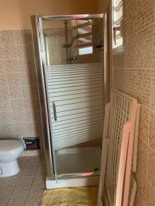 y baño con ducha y puerta de cristal. en Appartement Hibiscus, en Basse-Terre
