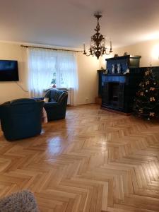 a living room with a fireplace and a christmas tree at Dworek nad Potokiem in Karpacz