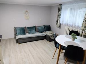 ein Wohnzimmer mit einem Sofa und einem Tisch in der Unterkunft Agroturystyka u Marcelki in Hoczew