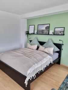 a large bed in a room with green walls at Ferienwohnung Appartement Bad Bergzabern mit Schwimmbad und Sauna in Bad Bergzabern +14 photos