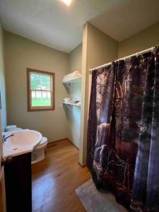La salle de bains est pourvue de toilettes et d'un rideau de douche. dans l'établissement Maple Creek Cabin, minutes from Cook Forest, ANF, à Marienville