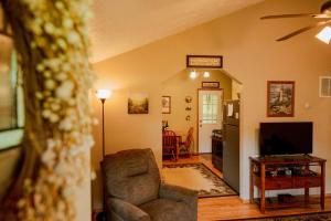 sala de estar con silla y TV en Cozy Cottage near Cook Forest Park, ANF, en Marienville
