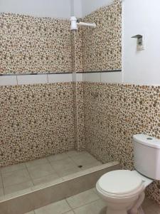 ein Bad mit einem WC und einer Dusche in der Unterkunft Hospedaje Los Lobos in Cerro Azul
