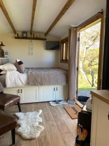 a bedroom with a bed and a large window at Silver Fern Glamping in Aberystwyth