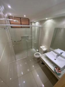 y baño con ducha, aseo y lavamanos. en Lemes Hotel, en Barra do Piraí