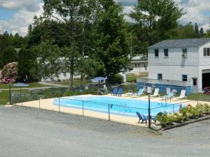 a large swimming pool with chairs in a yard at Belle Isle Motel in Bar Harbor