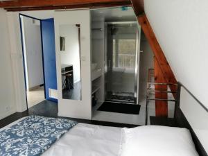 Saint-RochにあるCHAMBRE INDEPENDANTE DANS UN PARCのベッドと鏡のある寝室