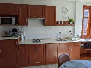 a kitchen with wooden cabinets and a sink at Minaret Apartman in Eger