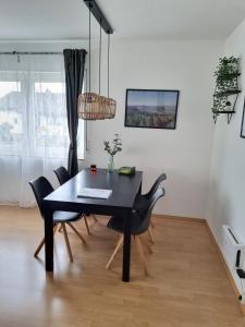 a dining room with a black table and chairs at Ferienwohnung Appartement Bad Bergzabern mit Schwimmbad und Sauna in Bad Bergzabern