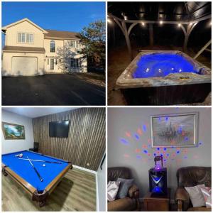 a collage of four pictures of a pool table at Quiet Private House w Hot Tub/Fire pit/Games in Blakeslee