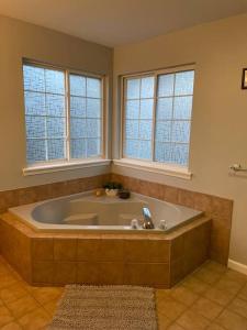 a large tub in a bathroom with two windows at Quiet Private House w Hot Tub/Fire pit/Games in Blakeslee