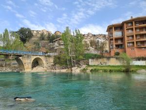a dog swimming in a river next to a bridge at El ático de la Gorga in Boltaña