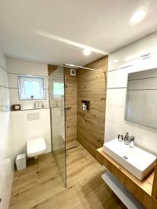 a bathroom with a glass shower and a sink at Chalupa SIMIHOUSE in Nová Baňa