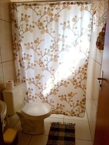 uma casa de banho com uma cortina de chuveiro e um WC. em Villa Ágape - Chapada dos Veadeiros em Alto Paraíso de Goiás