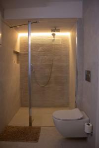 a bathroom with a shower with a toilet and a glass shower door at Apartamento Catòlics 25 in Pollença +9 photos