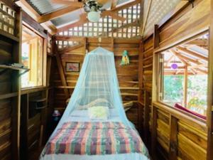 a bed in the inside of a tiny house at Casonita in Manzanillo