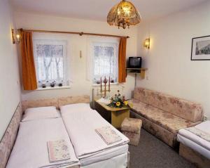 uma sala de estar com duas camas e um sofá em Pension Skály em Teplice nad Metují
