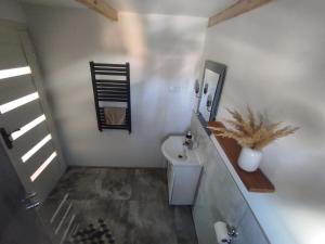 W łazience znajduje się umywalka, toaleta i lustro. w obiekcie Agroturystyka w Maruszynie w mieście Maruszyna