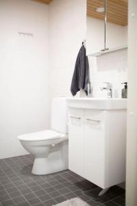 a white bathroom with a toilet and a sink at New studio apartment with free parking in Kuopio