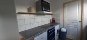 małą kuchnię ze zlewem i kuchenką mikrofalową w obiekcie 16 BIS C Les Gîtes Bigoudens w mieście Plonéour-Lanvern