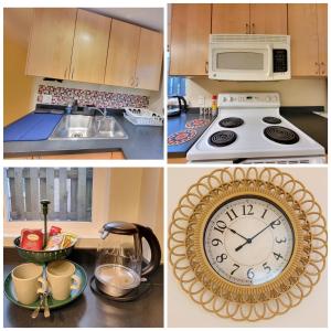 a collage of four pictures of a kitchen with a clock at Sunshine Suite in Vancouver