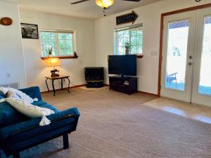 un soggiorno con divano blu e TV di Salt Creek Cabin In The Gila a Mimbres