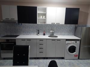 a kitchen with a sink and a washing machine at Rajna in Pirot
