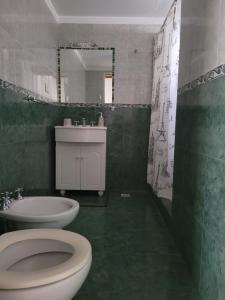 a green bathroom with a toilet and a sink at Departamento Completo y muy buena ubicación in Tandil