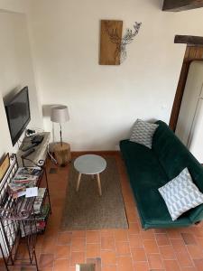 a living room with a green couch and a table at Gîte le Ch'armançon in Montigny-sur-Armançon