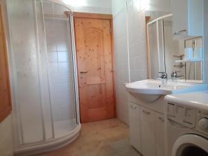 uma casa de banho com um chuveiro, um lavatório e uma máquina de lavar roupa em Appartamento Genziana em Isolaccia