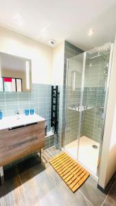 a bathroom with a shower and a sink and a tub at Voiron centre, grande terrasse, parking, calme in Voiron