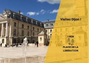 um edifício amarelo com uma fonte em frente a um edifício em L'appartement des Ducs em Dijon
