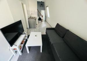 uma sala de estar com um sofá preto e uma televisão em L'appartement des Ducs em Dijon