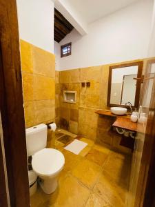 y baño con aseo, lavabo y espejo. en Villa Mar Residence, en Jericoacoara