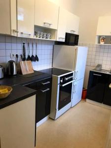 eine Küche mit einem weißen Kühlschrank und einem Herd in der Unterkunft Apartment „La Casa de Papel“ / Behindertengerecht in Leipzig
