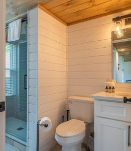 a bathroom with a toilet and a shower at Serenity Bliss in Gatlinburg