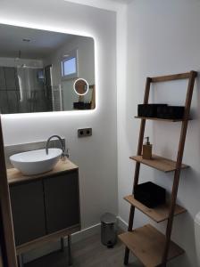 La salle de bains est pourvue d'un lavabo et d'un miroir. dans l'établissement Studio des Monts Caubert, à Mareuil-Caubert