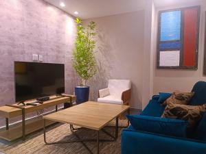 sala de estar con sofá azul y TV en PIRAGIBE FROTA AGUIAR, en Río de Janeiro