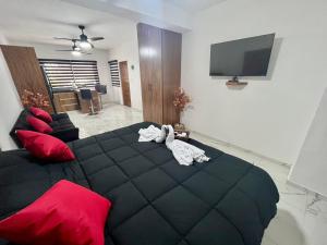 a bedroom with a large black bed with red pillows at AHAU Playa in Playa del Carmen