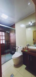 a bathroom with a toilet and a shower and a sink at Departamento Jireh in Tarija