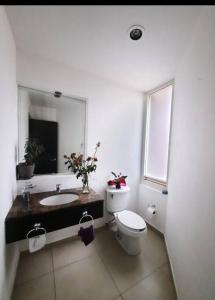 a bathroom with a toilet and a sink and a mirror at Casa Ejecutiva en Gran Jardin in León