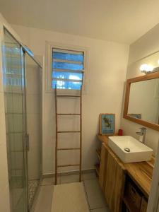 a bathroom with a sink and a glass shower at Kay Agapi - Apt T3 sur la plage - Diamant in Le Diamant