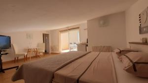 una camera da letto con un letto grande e una televisione di habitación con techo inclinado y vista al mar a Teulada