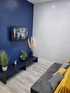 salon z telewizorem na niebieskiej ścianie w obiekcie Doll Apartment w mieście Montrose