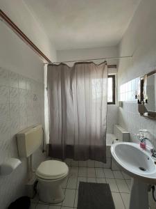 biała łazienka z toaletą i umywalką w obiekcie Ελατόδασος w mieście Pavliani