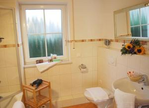 a bathroom with a sink and a toilet and a window at Ferienwohnung Wörthsee in Herrsching am Ammersee
