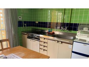 eine Küche mit Spüle und grünen Fliesen in der Unterkunft On the Beach Lue - Vacation STAY 91567v in Sesoko