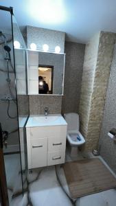 a bathroom with a sink and a toilet and a mirror at La Carmen 2 ! Apartament 1 camera! in Lupeni