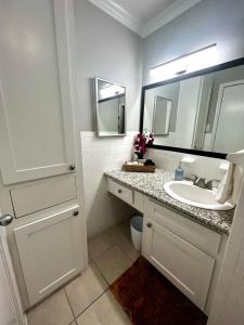 uma casa de banho branca com um lavatório e um espelho em Cozy houston Getaway 1 bed 1 bath em Houston
