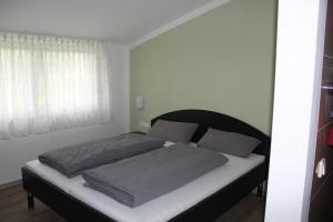 een bed met twee kussens in een slaapkamer bij Helmers Gästehaus in Gempfing